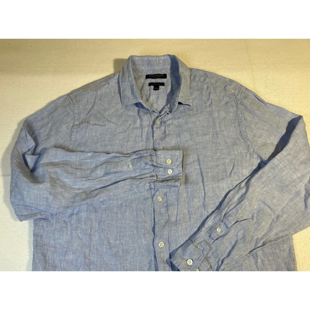 Banana Republic Mens Camden Standard Fit 100% Linen Long Sleeve Shirt Blue L